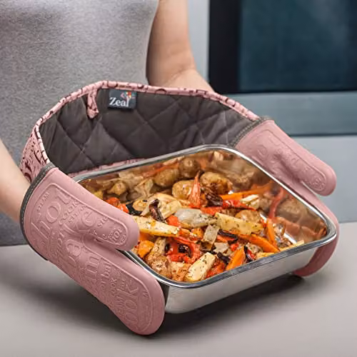 Zeal Silicone Double Oven Gloves in Rose Pink, Waterproof and Steam-Resistant with Non-Slip Grip – 3