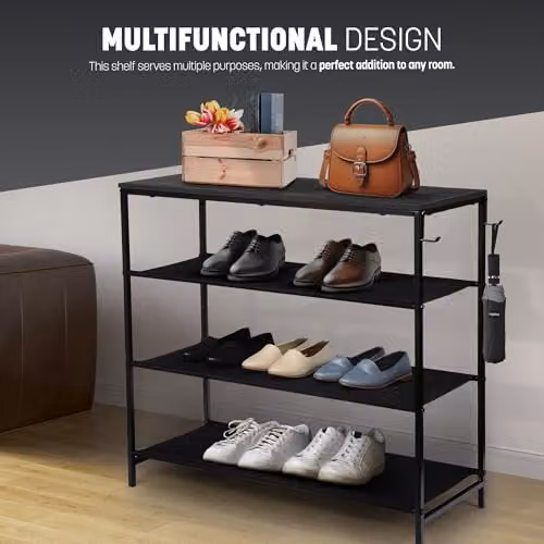Keplin 4-Tier Rustic Wood and Metal Shoe Rack in Black and Brown, W/D/H: 75 x 30 x 71 cm – 4