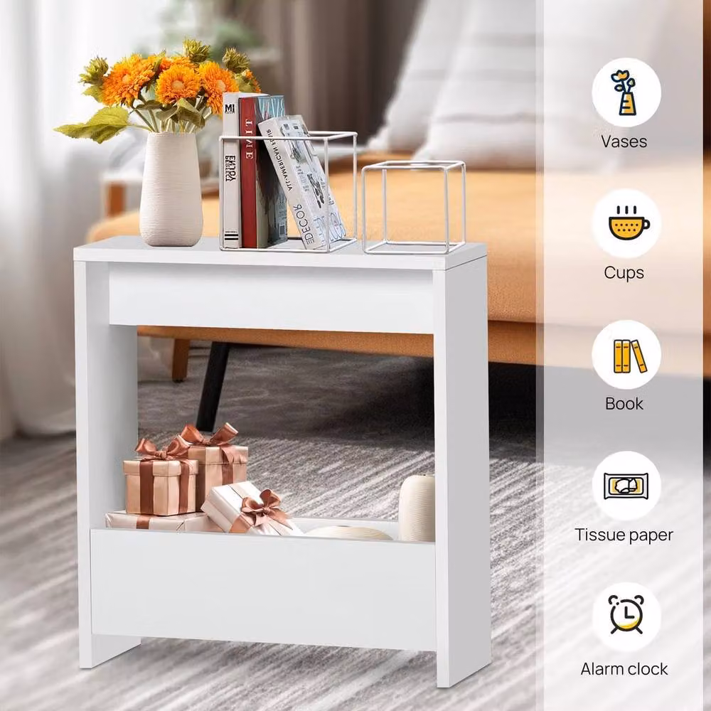 PAWNORA White Minimalist Living Room Storage Cabinet and End Table with Glass Details, W: 100 cm, D: 15 cm – 2