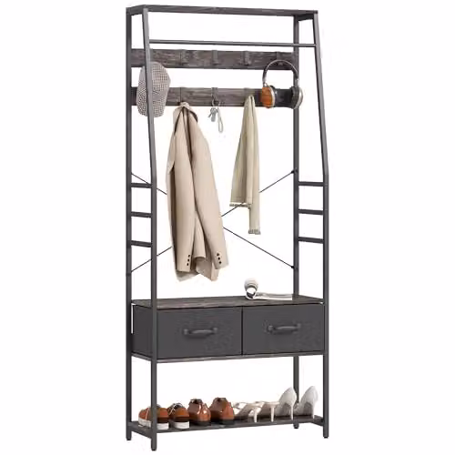 HOMCOM Industrial Hall Tree with Bench and 10 Hooks in Grey – 1