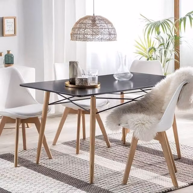 Wyld and Coco Rectangular Dining Table with Black MDF Top and Beechwood Legs, W: 140 cm, D: 80 cm, H: 75 cm – 1