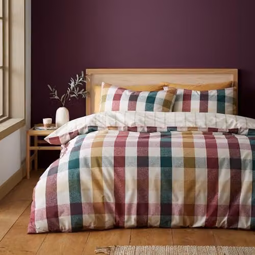 Catherine Lansfield Autumn Check Reversible King Duvet Cover and Pillowcase Set in Purple and Multicolour, Duvet Cover: 180 x 200 cm, Pillowcases: 50 x 75 cm – 1