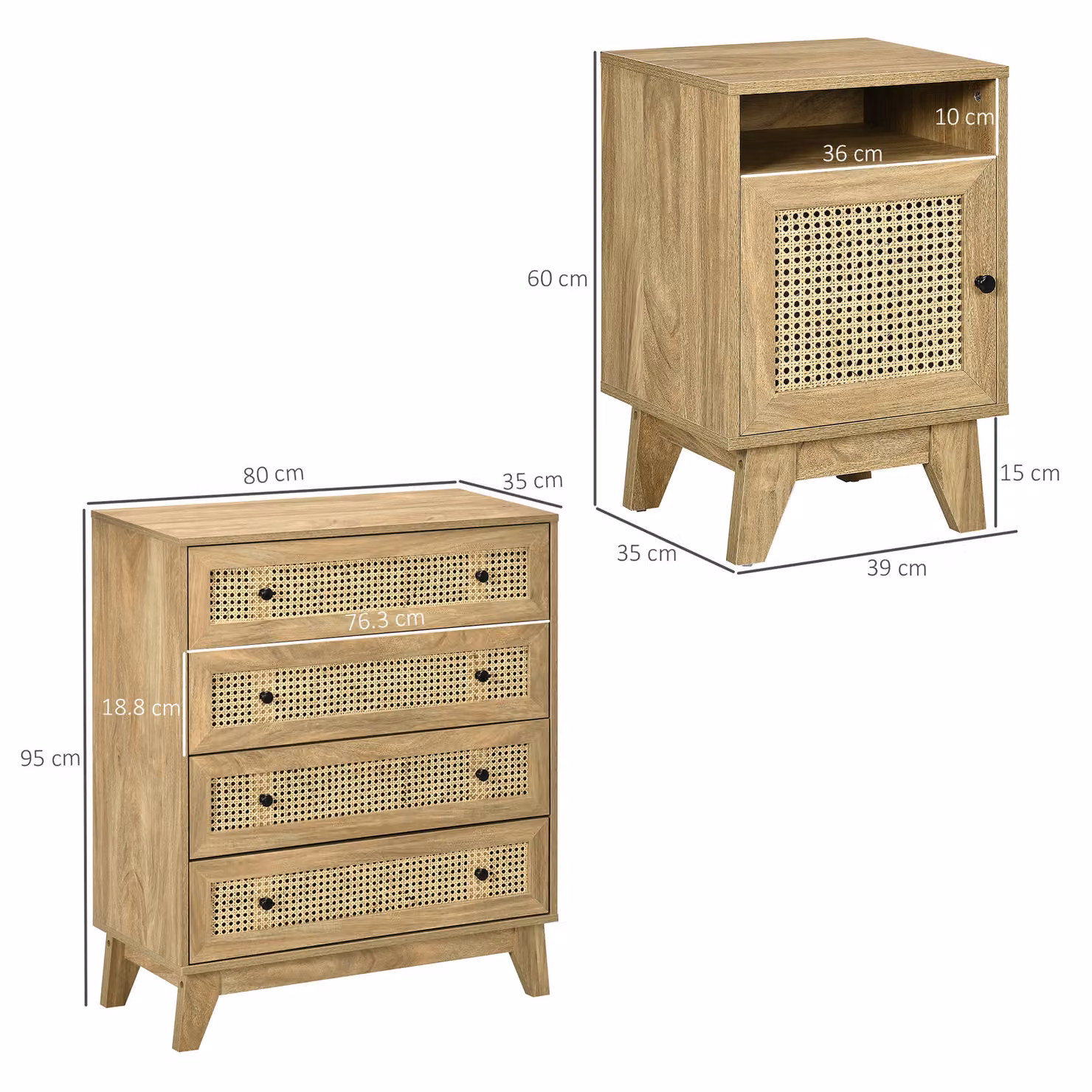 HOMCOM Boho Style Chest of Drawers with 4 Rattan Drawers and Door, Natural Matt Finish – 3