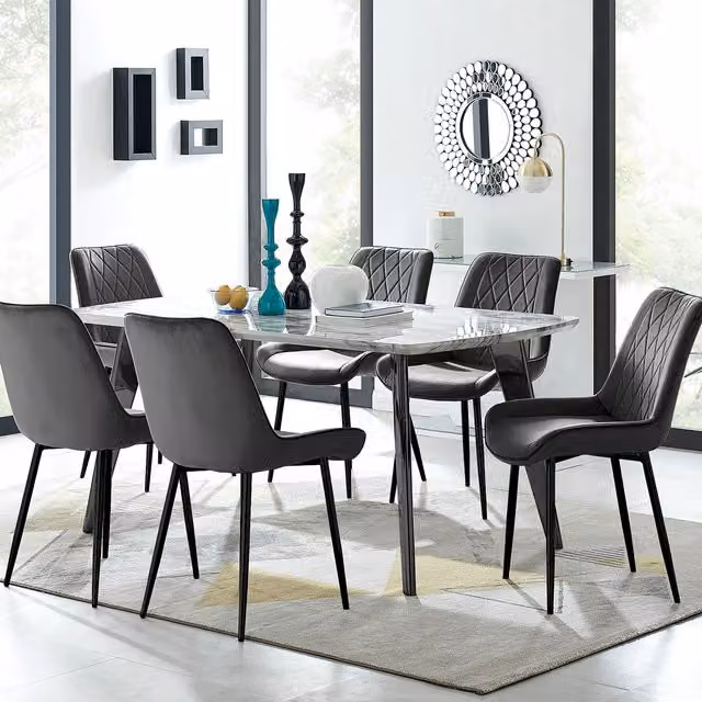 FurnitureboxUK Andria White Marble Effect Rectangular Dining Table and 6 Pesaro Soft Velvet Upholstered Chairs Set – 1