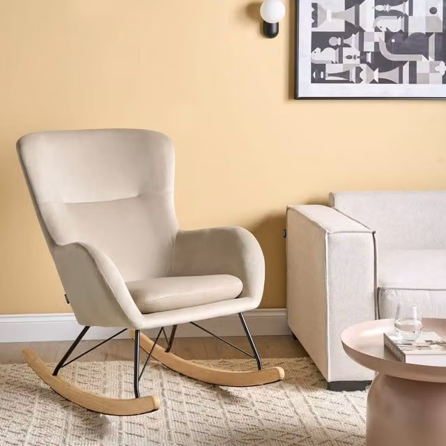 Wyld and Coco Glam Velvet Rocking Chair in Beige with Rubberwood Rockers
