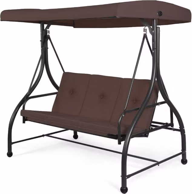 Costway Modern 3 Seater Garden Swing Chair with Sun Canopy in Brown