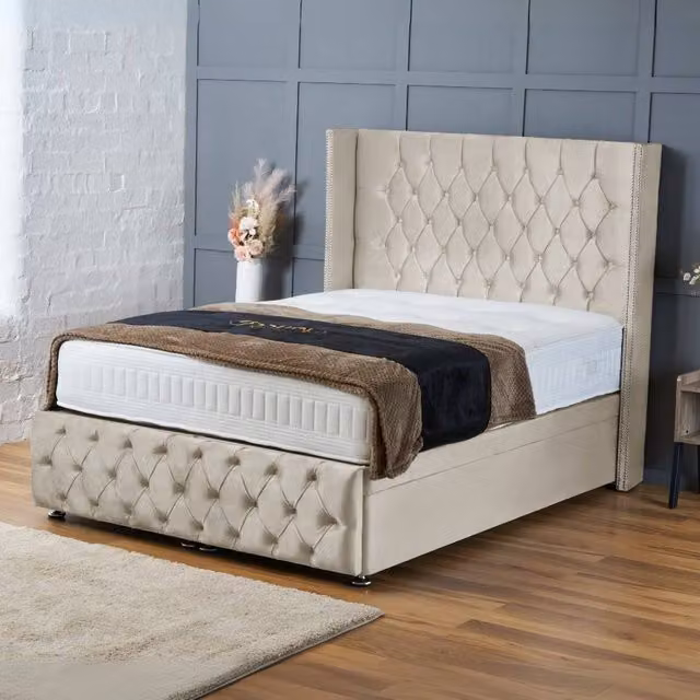 BSSPOKE Mayfair Ottoman Divan Bed in Beige Plush Velvet with 54 inch Headboard, W/D/H: 120 x 200 cm