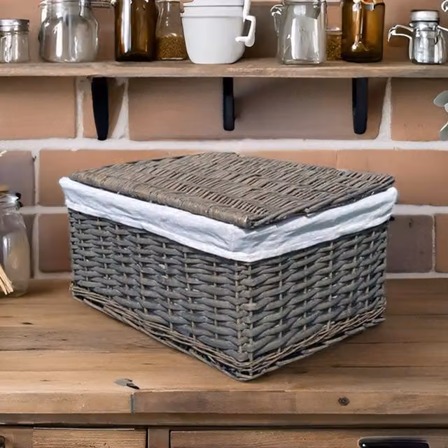 Topfurnishing Grey Lidded Open Weave Rattan Wicker Storage Basket with Lining, Diameter: 35 cm