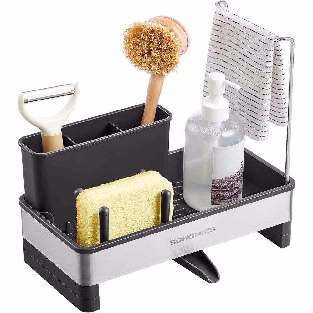 The Bazaarist Stainless Steel Freestanding Sink Tidies with Rotating Spout and Sponge Compartment, Black and Silver – 2