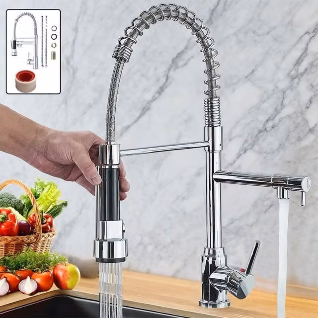 SPETLEK Modern Monobloc Pull Out Kitchen Mixer Tap with Dual Spout Spray in Silver Chrome