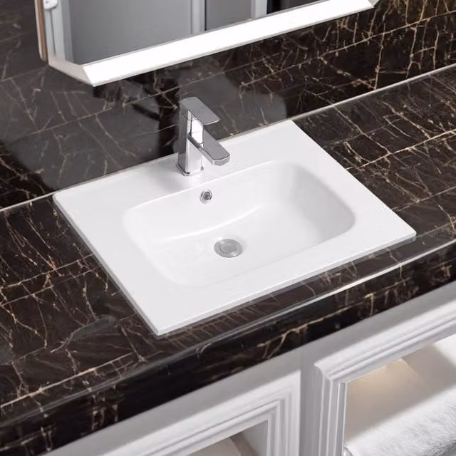 Limoge 4010 White Ceramic Thin-Edge Inset Countertop Basin with Oval Bowl W/D/H: 60 x 45 x 15.5 cm