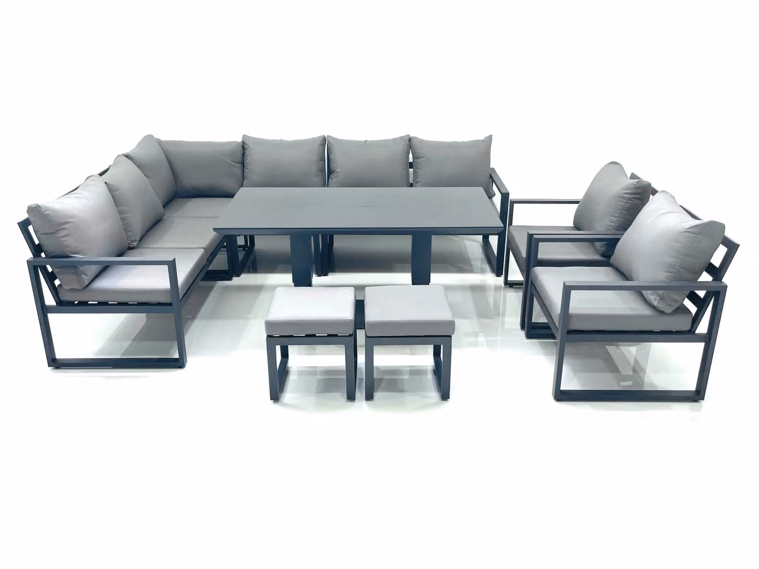 Fimous Aluminum Outdoor Garden Furniture Set in Dark Grey with Corner Sofa, 2 Chairs, 2 Footstools and Height Adjustable Dining Table – 2
