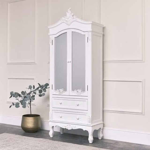 Melody Maison Pays Blanc Antique White Mirrored Closet with Glass Doors and Drawers