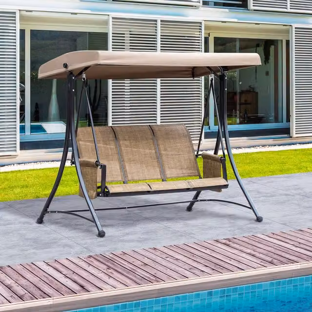 Outsunny 3 Person Modern Outdoor Patio Porch Swing Chair with Sun Canopy, Brown