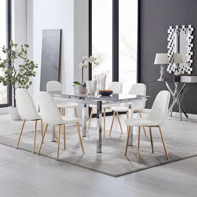 Furniturebox Enna White Glossy Glass Extending Dining Table and 6 Corona Gold Leg Chairs