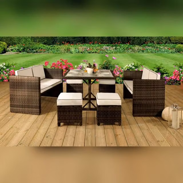 Comfy Living Ltd 7 Piece Modern Upholstered Rattan Garden Furniture Set in Brown and Cream