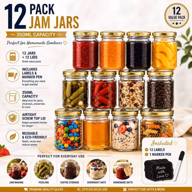 Volila 12 Pack Round Glass Jam Jars with Labels and Pen, Gold, 350ml per jar – 1