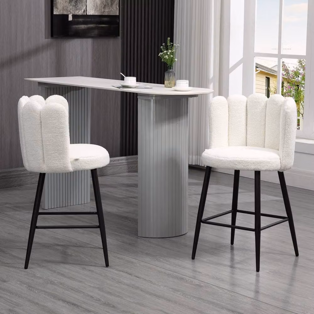 Wyld Haus Ettine Scallop Boucle Bar Stools Set of 2 in Cream and Beige with Stainless Steel Base – 3