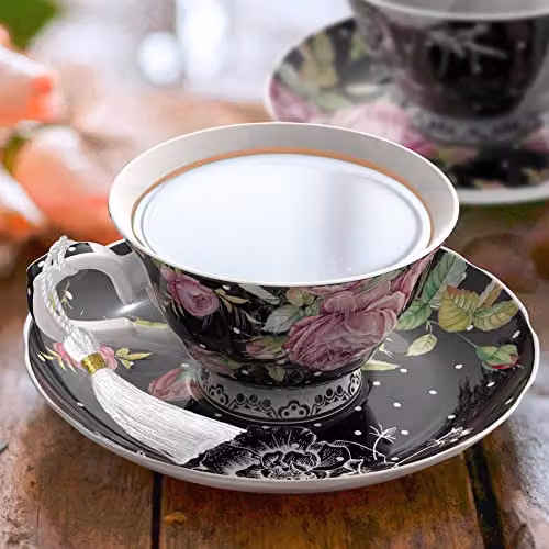 London Boutique Black and White Floral Tea Cup and Saucer Set of 2 in New Bone China – 2
