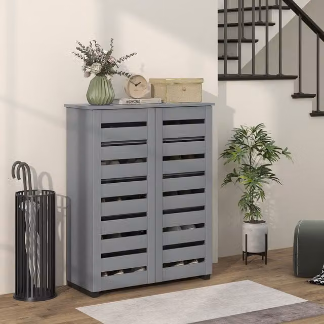 HOMCOM 5-Tier Narrow Shoe Cabinet with Adjustable Shelves and Hinged Doors in Grey
