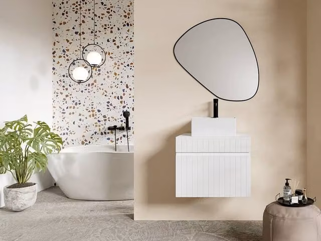 Vente-unique White and Pink Striped Modern Suspended Bathroom Cabinet with Square Over-the-Counter, W/D/H: 60 x 46 x 46 cm – 1