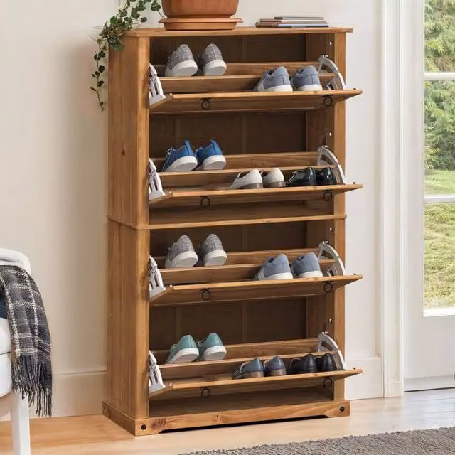 FORGEVIO Brown Solid Wood Pine Shoe Rack Chest with 4 Shelves and Tilting Compartments
