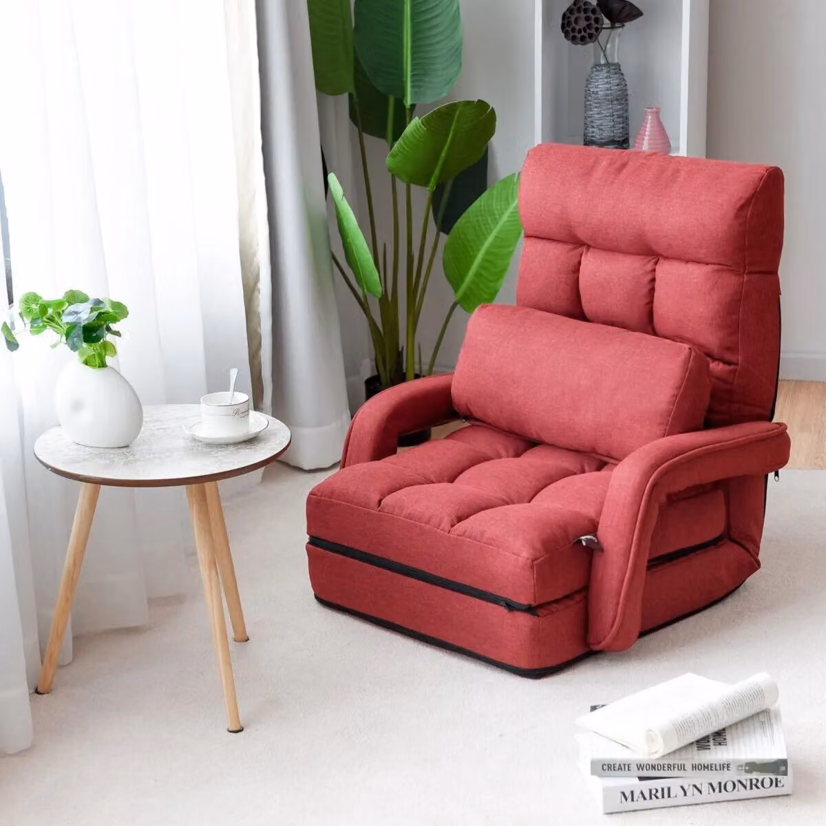 Gymax Red Folding Sofa Floor Gaming Chair with Armrests and Headrest – 3