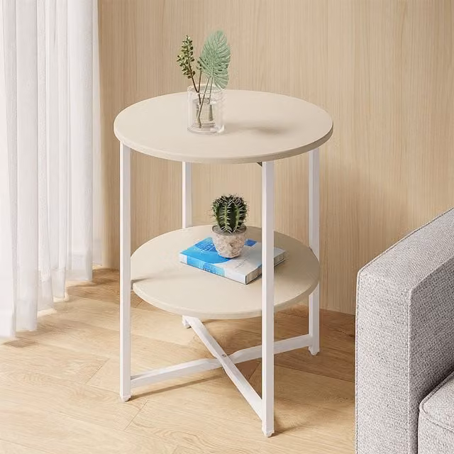 Livingandhome Minimalist 2-Tier Round Coffee Table in Beige and White, W/D/H: 40 x 40 x 40 cm
