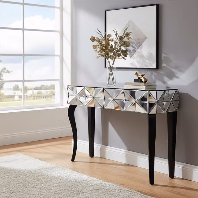 Orsina Luxe Smoke Glass Console Table in Silver with Curved Wooden Legs, W/D/H: 112 x 37 x 78 cm – 1
