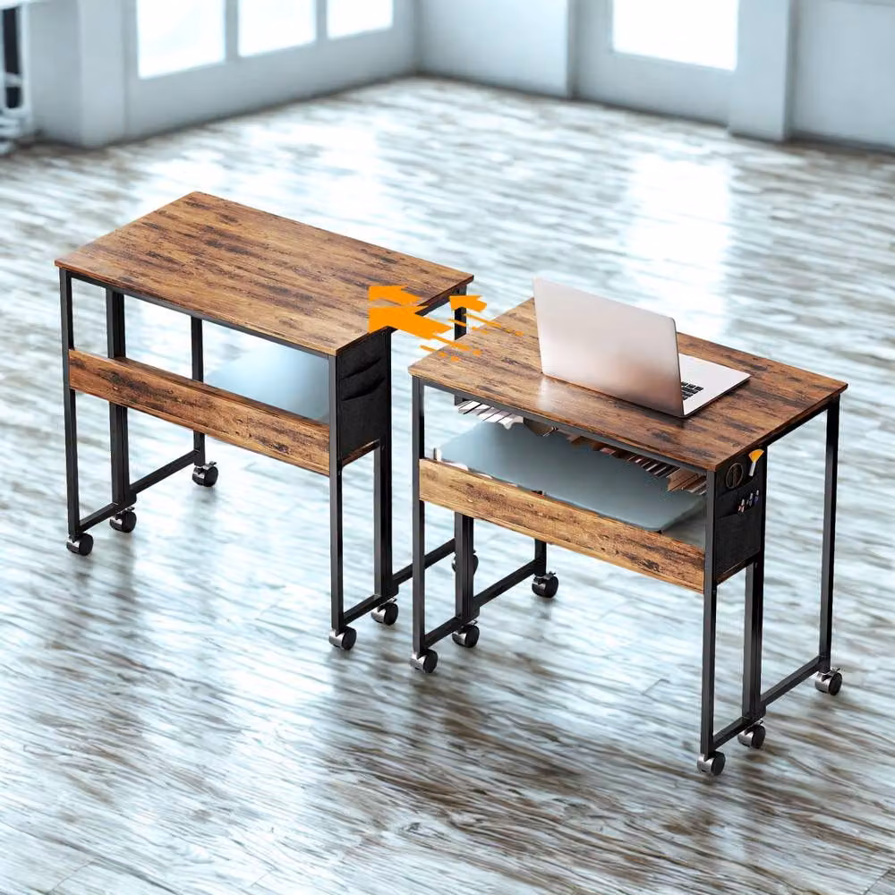 FURNOS Industrial Drop Leaf Extendable Computer Writing Desk with Wheels, Brown – 5