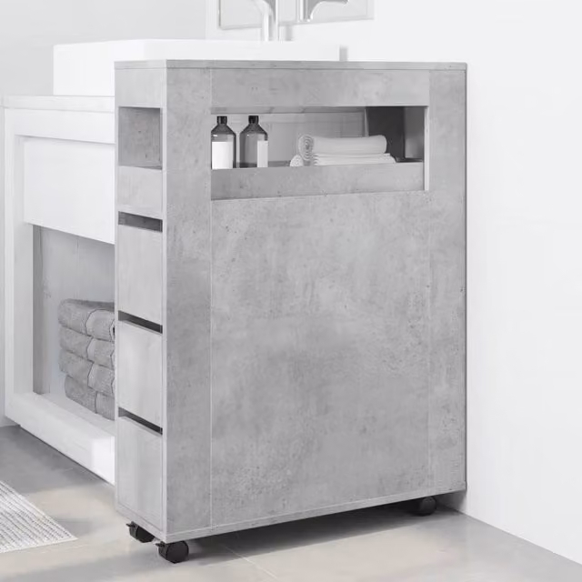 Berkfield Home Narrow Bathroom Cabinet with Wheels in Concrete Grey Engineered Wood, H 90 x W 23 x D 65 cm