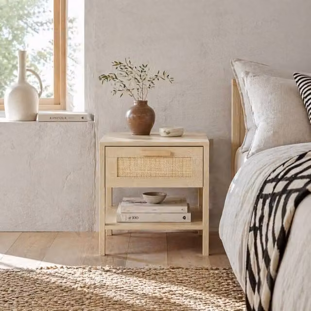 Wyld Haus Tafa Wood Effect Bedside Table with Rattan Style Drawer and Open Shelf in Sand/Beige, W/D/H: 40 x 40 x 48 cm