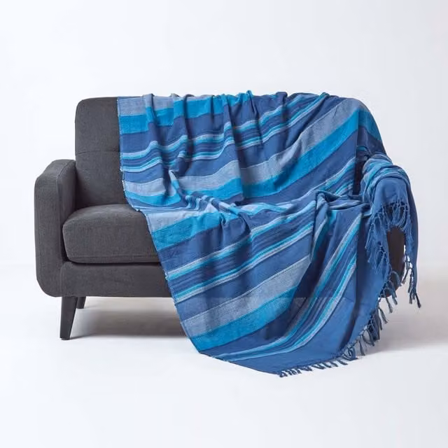 Homescapes Morocco Blue Striped Cotton Woven Throw W/D/H: 150 x 200 cm – 1