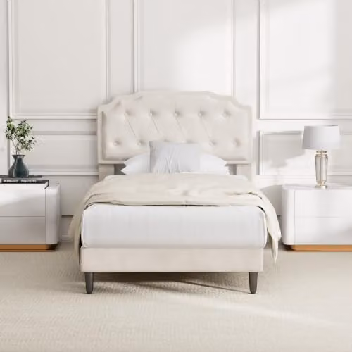 MCC Direct Chelsey Single Velvet Upholstered Bed Frame with Tufted Headboard in Beige, 90 x 200 cm