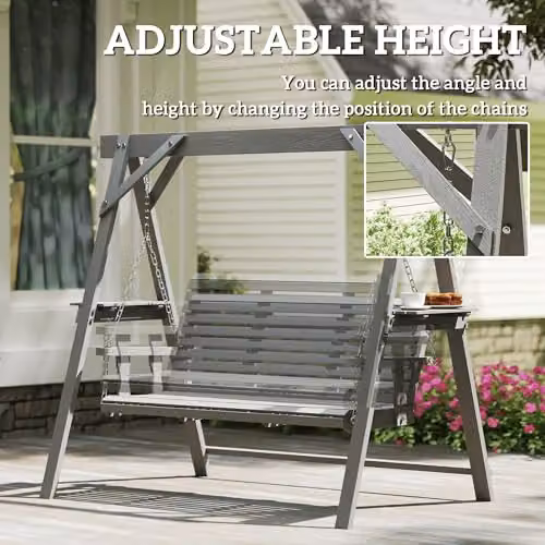Outsunny 3 Seater Wooden Garden Swing Seat with Side Tables and Cushions, Grey, W/D/H: 217 x 124 x 171 cm – 5