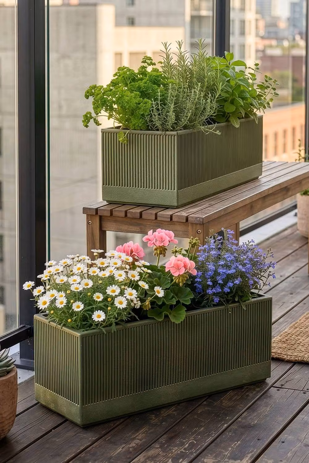 Dibor Set of 2 Mela Rib Green Ceramic Outdoor Garden Planter Tubs for Ornamental or Herb Gardens – 2