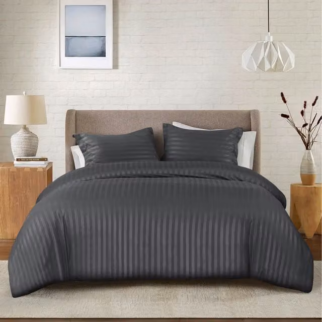 Cotton Passion Microfibre Striped Duvet Cover and Pillowcase Set in Grey Anthracite, W/D/H: 180 x 200 cm and 50 x 75 cm