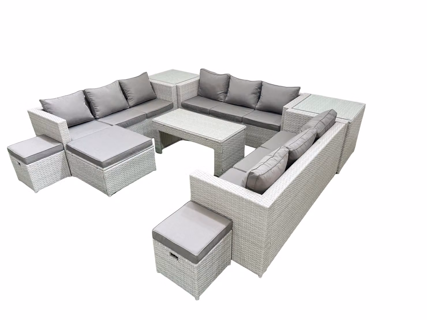 Fimous 12 Seater Rattan Garden Furniture Set with U-Shape Sofa, Oblong Coffee Table, 3 Footstools and 2 Side Tables in Light Grey – 2