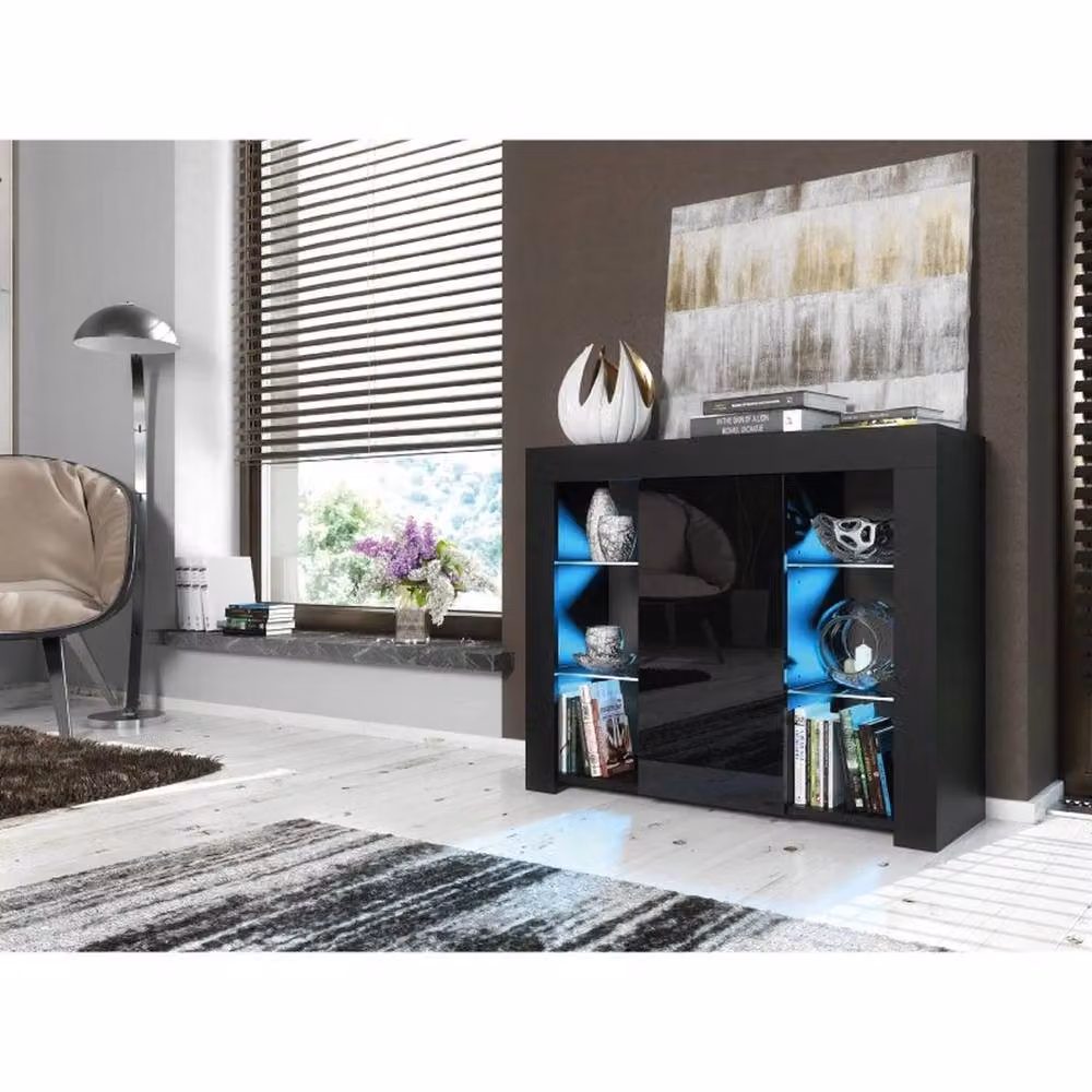 PAWNORA Display Cabinet with Black Matt Body and Black Gloss Doors – 4