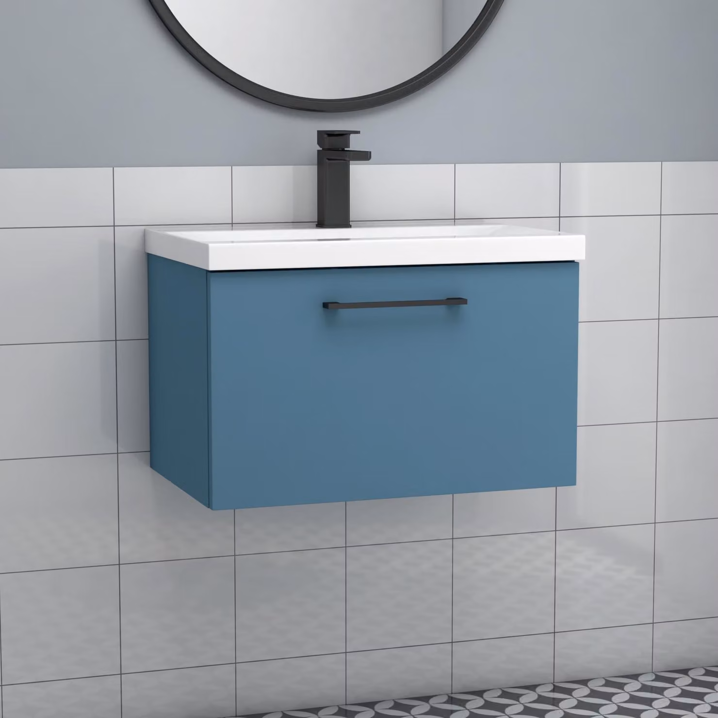Royal Bathrooms Modena Wall Hung Vanity Unit with Mid-Edge Basin, Satin Blue, 1 Drawer with Black Handle