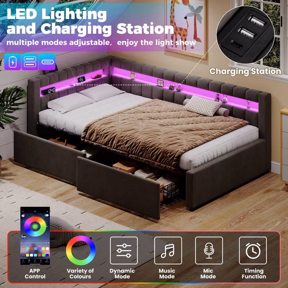ModernLuxe L-shaped upholstered single daybed in grey with LED lighting, USB charging port and 2 drawers, W/D/H: 220 x 100 x 79 cm – 3