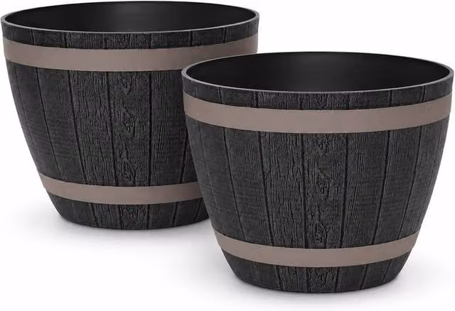 Simpa Set of 2 Rustic Dark Grey Plastic Half Barrel Cask Planter Tubs – 1