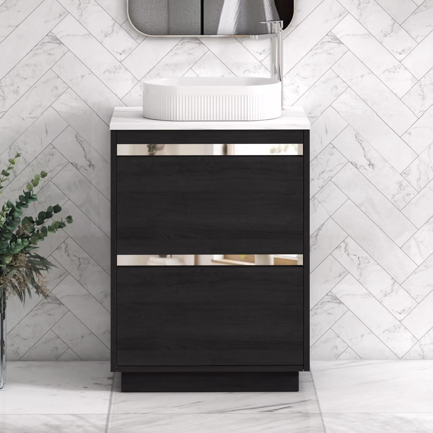 Royal Bathrooms Orion 600mm Hale Black Floor Standing Vanity Unit with Lyon Carrara White Countertop and 2 Drawers