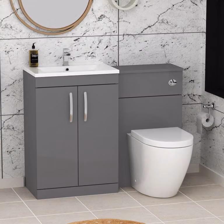 Royal Bathrooms Indigo Grey Gloss 2 Door Furniture Pack with Minimalist Basin and Elva Back to Wall Toilet, W: 110 cm