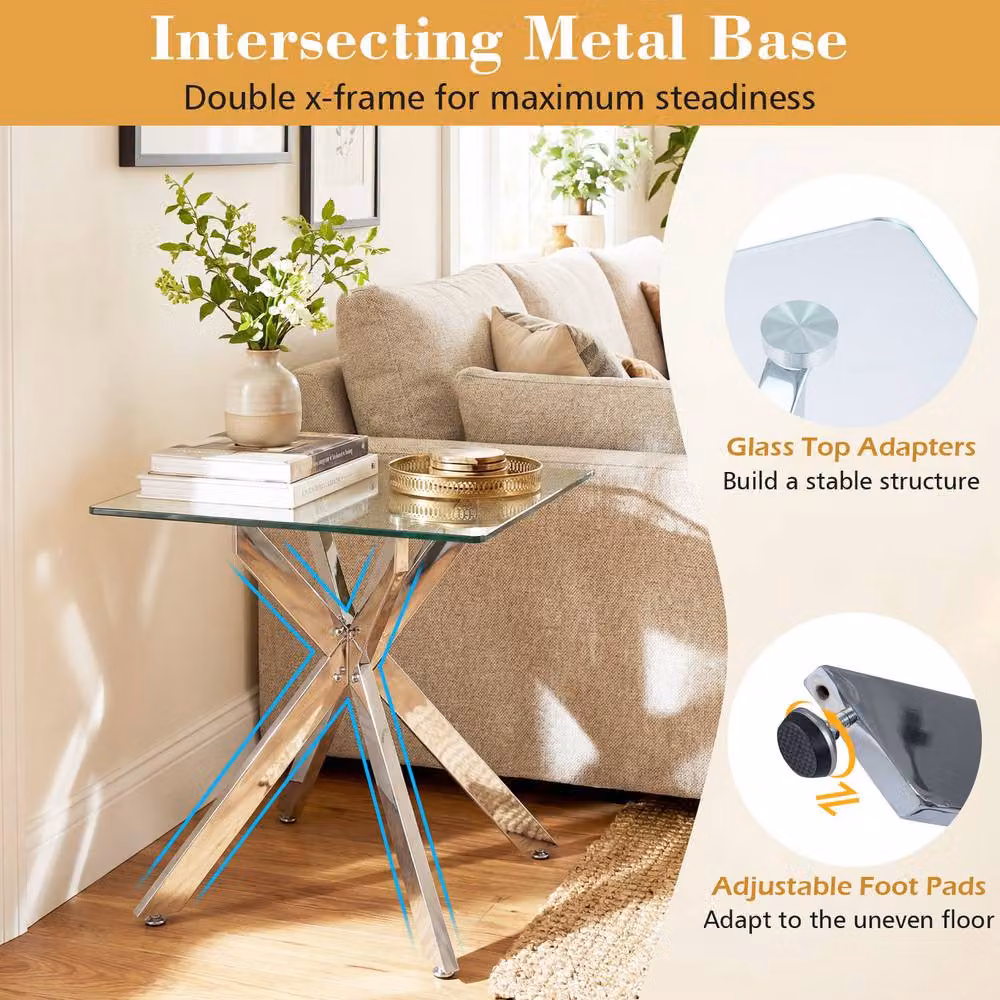 Costway Modern Square Glass Top Side Table with Silver X-Frame in Transparent and Silver – 2