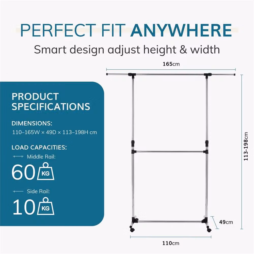 EONLION Silver Chrome Metal Clothes Rail with Continuous Linear Rail and Extendable Top Rail – 2