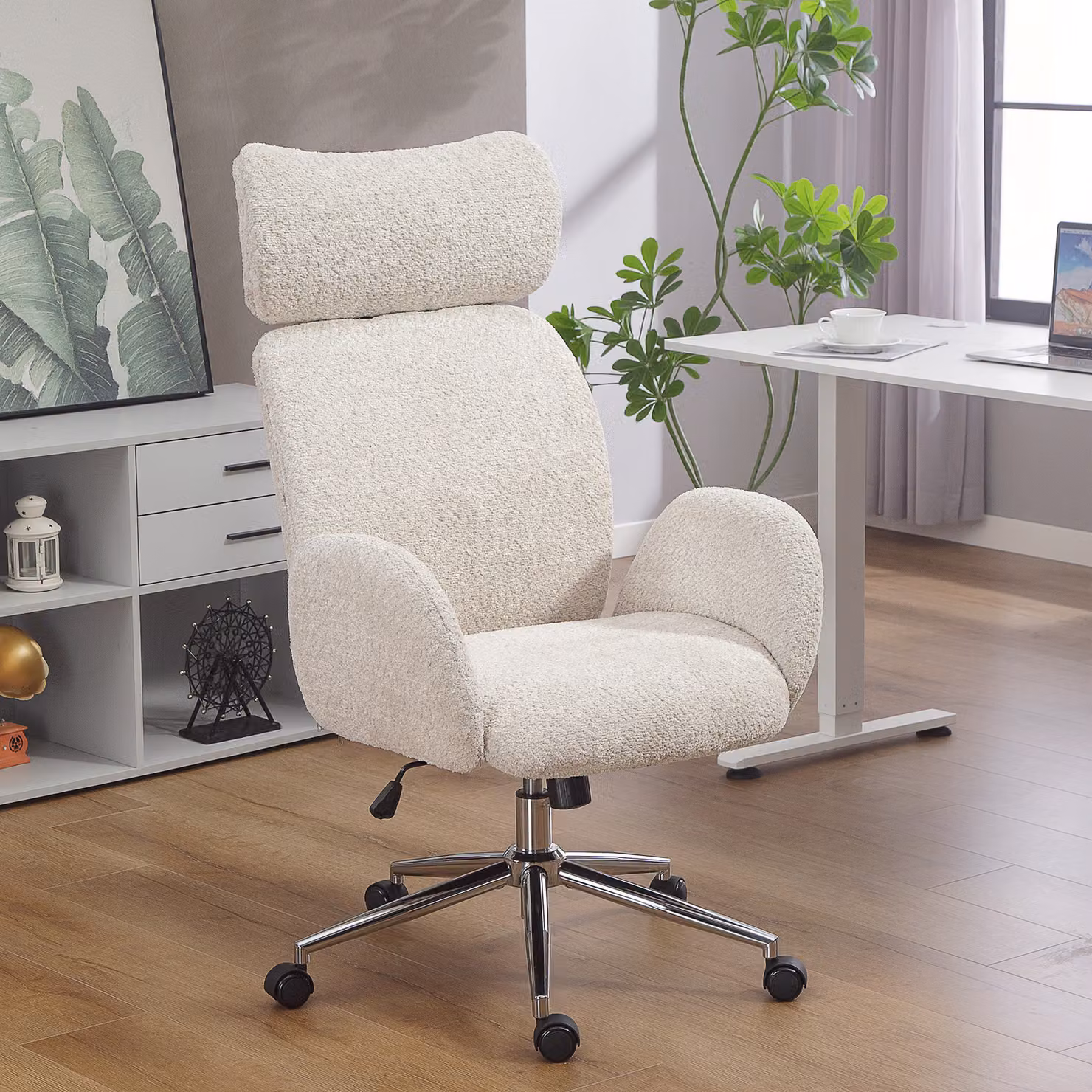 HOMCOM Ergonomic Office Chair in Grey Bouclé Fabric with Adjustable Headrest and 360 Degree Swivel – 2