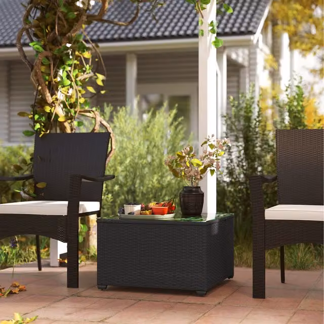 Outsunny Modern Rattan Side Table with Glass Top in Dark Grey