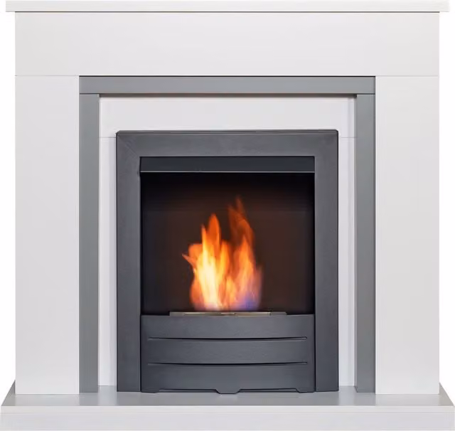 Adam Fires & Fireplaces Milan Fireplace in Pure White and Grey with Black Colorado Bio Ethanol Fire