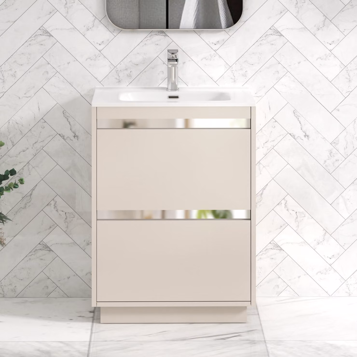 Royal Bathrooms Orion 600mm Warm Taupe 2 Drawer Floor Standing Vanity Unit with Ceramic Basin and Chrome Accent Trim